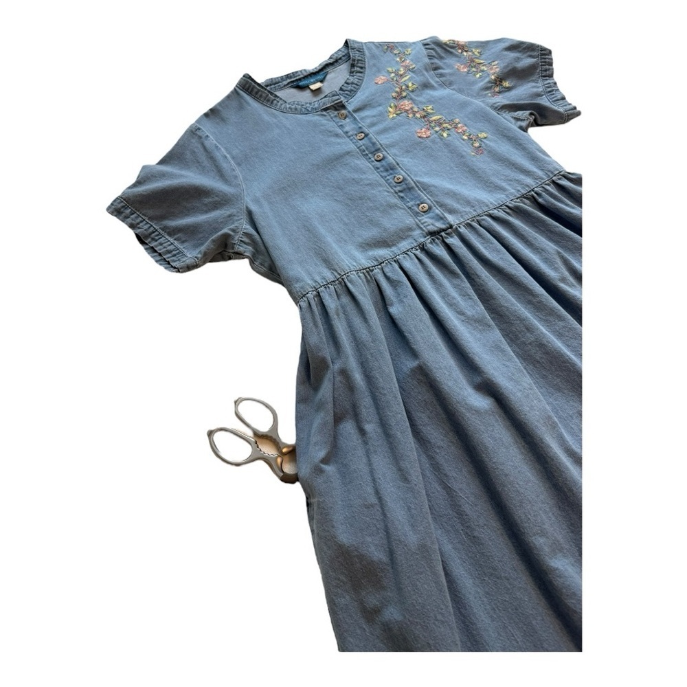 April Cornell Floral Embroidered Denim Midi Dress Cottagecore Light Wash Size L - Picture 8 of 14